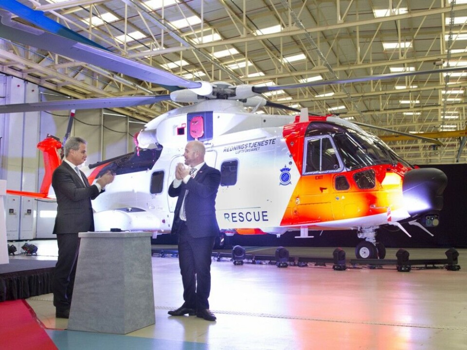 Norway’s Minister of Justice and Public Security Anders Anundsen (right) at the roll out ceremony for Norway's new AW101 helicopter. Photo: Leonardo Helicopters