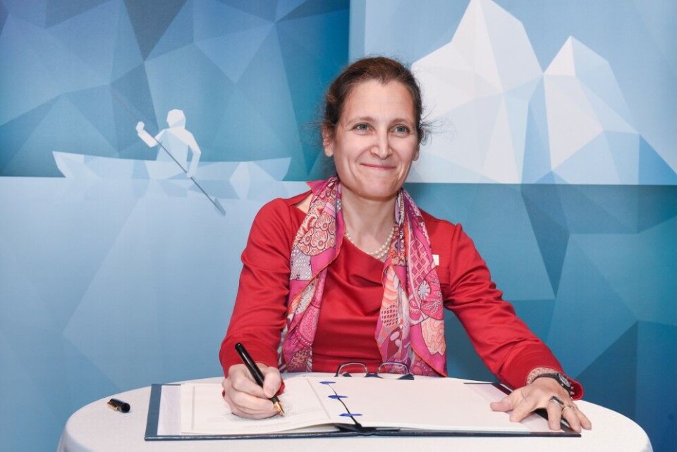 Chrystia Freeland, Canada’s minister of Foreign Affairs, signs the Agreement on Enhancing International Arctic Scientific Cooperation on Thursday. Photo: Linnea Nordström/Arctic Council Secretariat