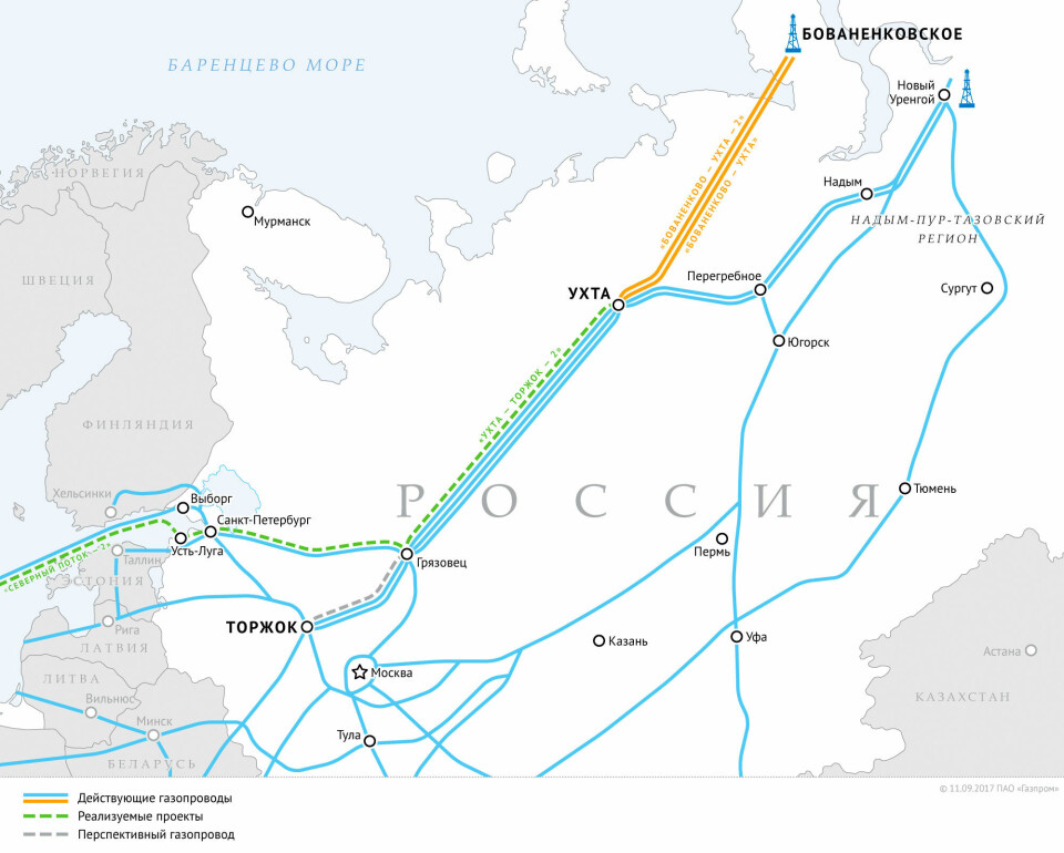 New pipeline infrastructure stretches between Europe and the Yamal Peninsula. Map by Gazprom