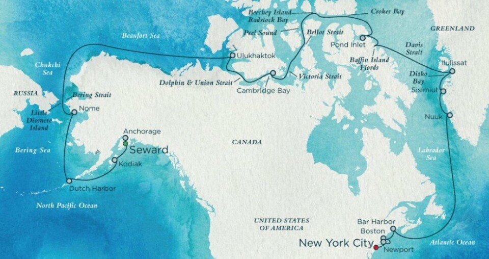 The route plan for the 32-day Crystal Cruises Northwest Passage trip from Alaska to New York City. The trip began Aug. 16 at the Port of Seward. The itinerary includes several expedition days, when conditions permit, during which passengers may disembark to explore remote locales and indigenous villages. Map by Crystal Cruises