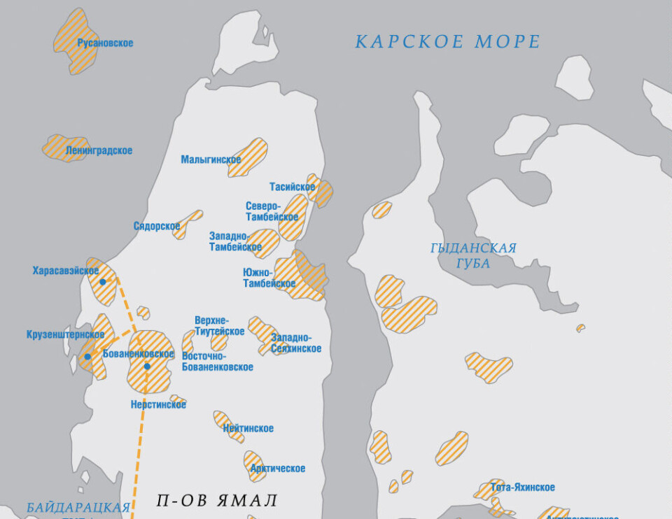 The orange line marks the pipeline connecting the Bovanenkovo and Kharasavey fields. Map by Gazprom