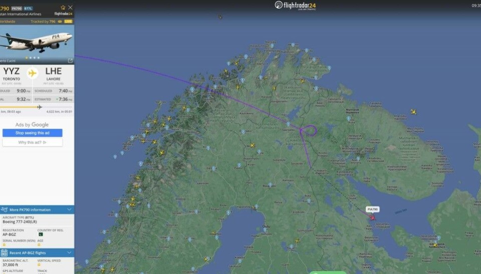 The PI790 from Toronto to Lahore was redirected as it Wednesday morning approached the airspace of the Kola Peninsula. Screenshot of Flightradar