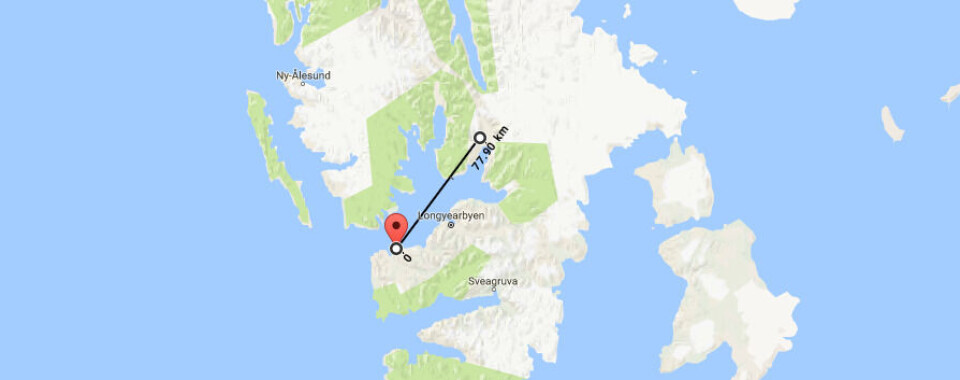 The helicopter was en route from Pyramiden to Barentsburg, a distance of 78 km. Map: Google / Barents Observer