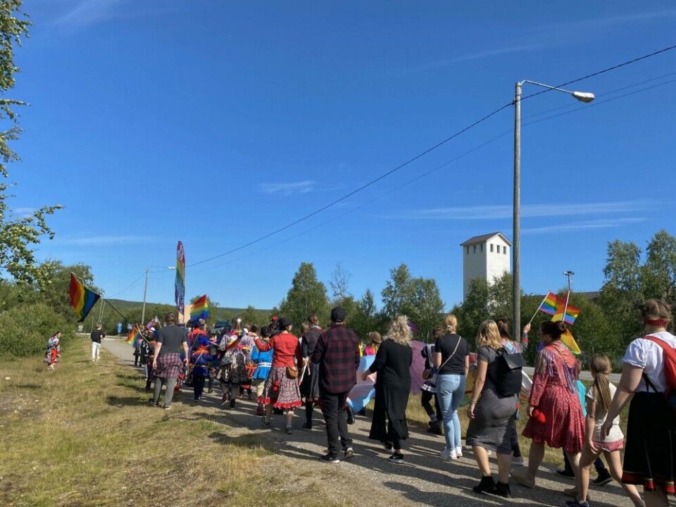 The Sápmi Pride march was filled with pride slogans calling for ráhkisvuohta (love) and trans rights for Sápmi. Some marchers broke out in impromptu yoik as well. Photo: Saara-Maria Salonen