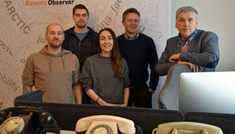 The Barents Observer team of Russian and Norwegian reporters. From left Denis Zagore, Georgii Chentemirov, Elizaveta Vereykina, Atle Staalesen and Thomas Nilsen. Photo: Photo: Roman Prokopenko