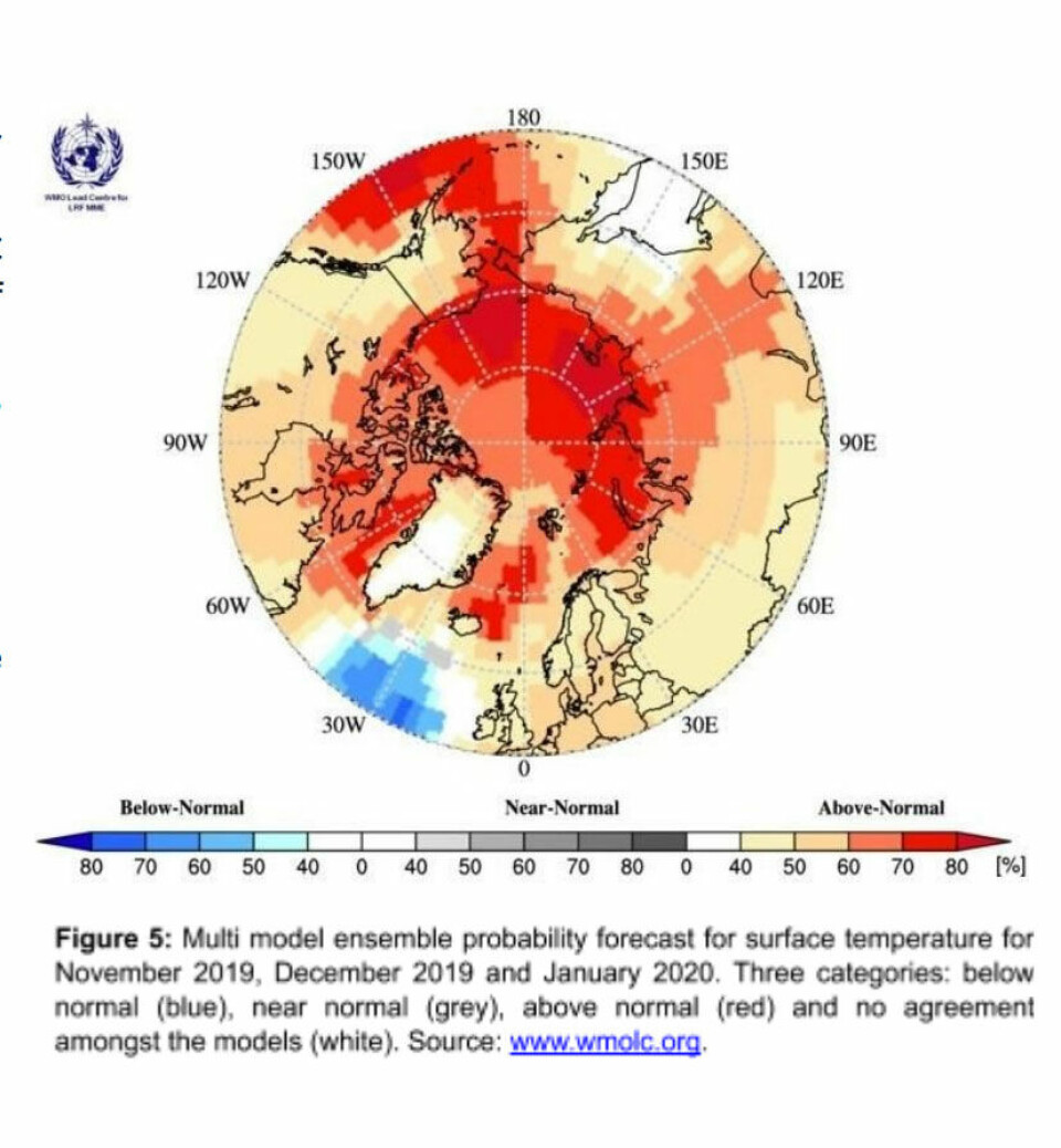Temperature forecast for winter 2019-2020. Map by arctic-rcc.org