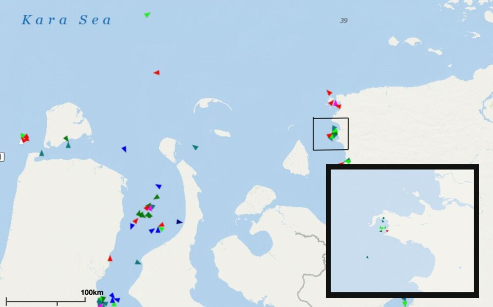 Ships moored on the coast of the Yenisey Bay. Map collage by the Barents Observer
