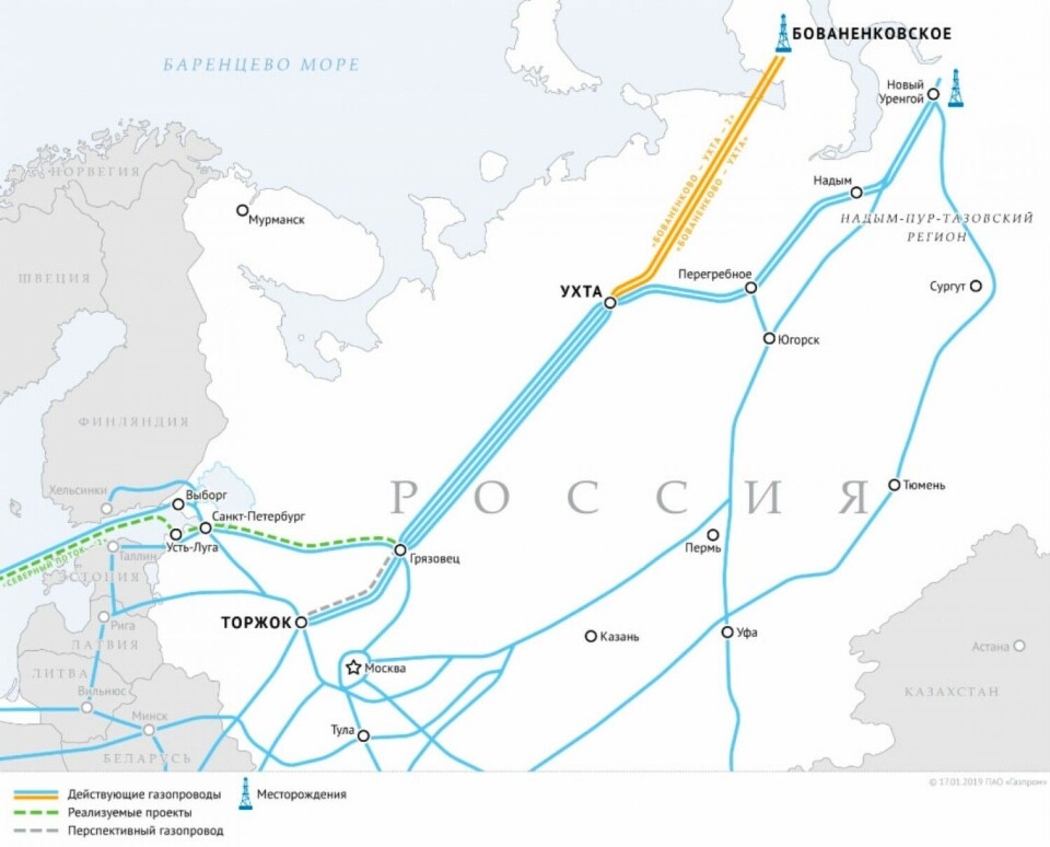 The 1200 km long Bovanenkovo-Ukhta pipelines stretch across the Baydarata Bay. Map by Gazprom.ru