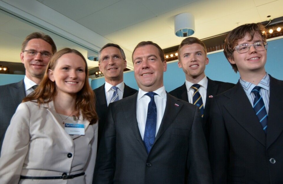 After his year in Murmansk, Eirik Mofoss (no. 2 from the right) joined the Barents Youth Council and got to meet the prime ministers of Finland, Norway and Russia at the Barents Summit in 2013. Photo: Thomas Nilsen