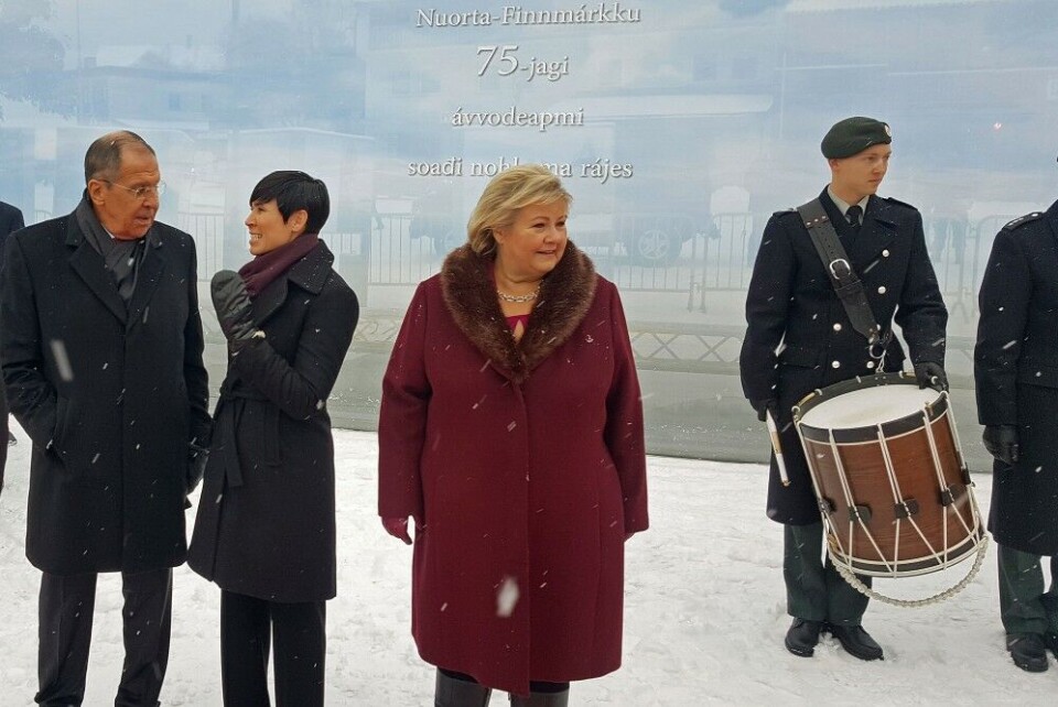 Prime minister Erna Solberg attended the 75th anniversary of the Red Army's 1944 liberation of Finnmark in Kirkenes on October 25th, 2019. Here together with foreign minister Ine Eriksen Søreide and her Russian counterpart Sergey Lavrov. Photo: Thomas Nilsen