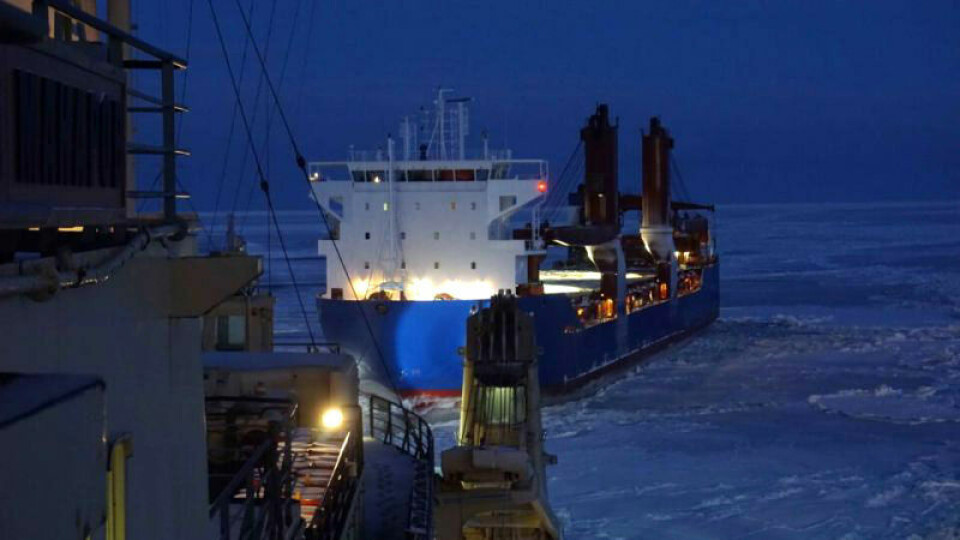 Icebreaker Admiral Makarov tows the Sparta-3 across the Kara Sea. Photo: Rosmorport