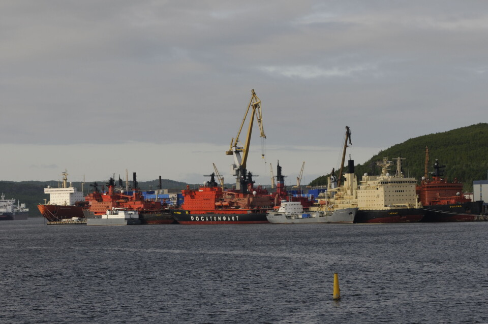 Atomflot service base with icebreakers Sevmorput, Arktika, Rossiya, 50 let Pobedy and service vessel Serebryanka. Photo: Thomas Nilsen