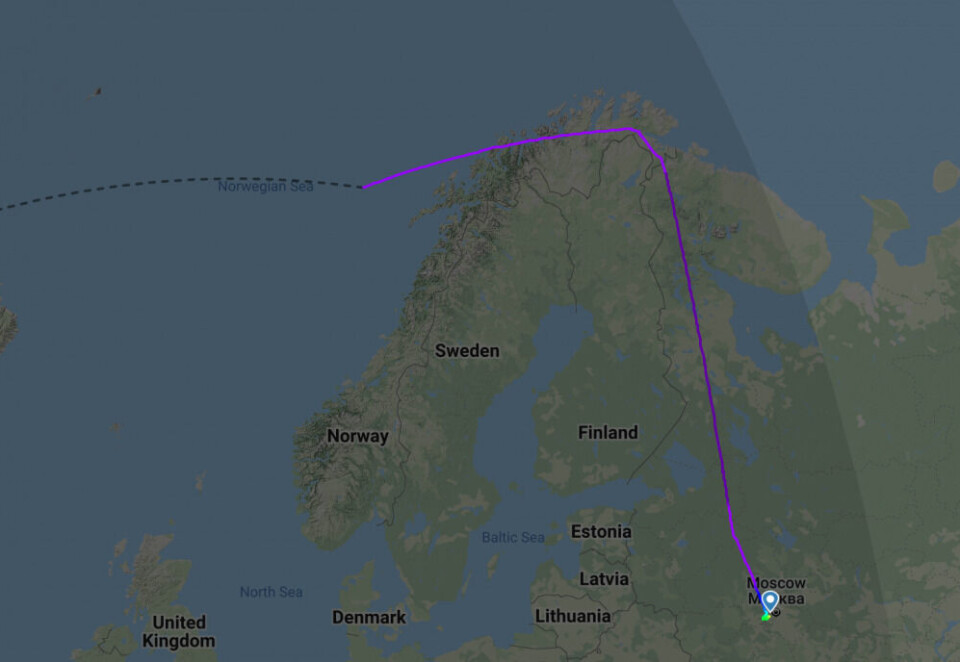Denied to fly the shortest route over Sweden and Finland, the big IL-96 aircraft from Rossiya Special Flight Squadron headed north and entered Norwegian air space outside Tromsø before crossing over Finnmark region with exit at Svanvik in the Pasvik valley, before heading south towards Moscow. Screenshot from FlightRadar24