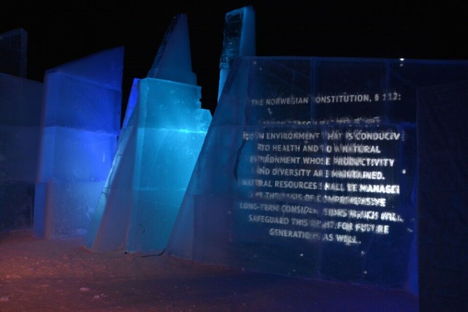 Article 112 in the Norwegian Constitution inscripted in ice during a winter show in Kirkenes, Norway. Photo: Atle Staalesen