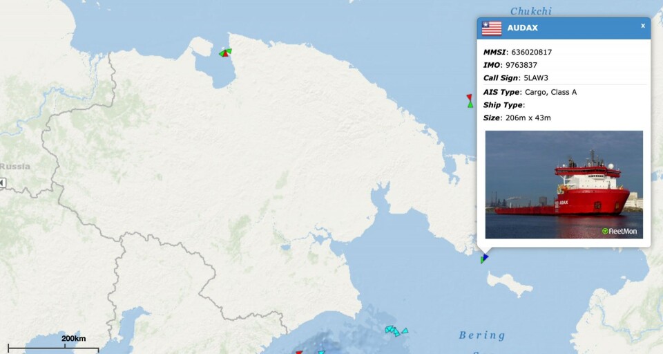 The “Audax” and “Vladimir Vize” waiting for icebreaker assistance.