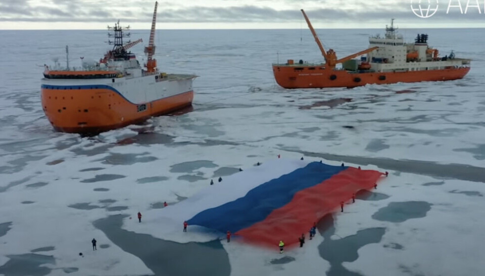 Russian flag on the drifting sea-ice. Photo: Screenshot from the Arctic and Antarctic Research Institute video