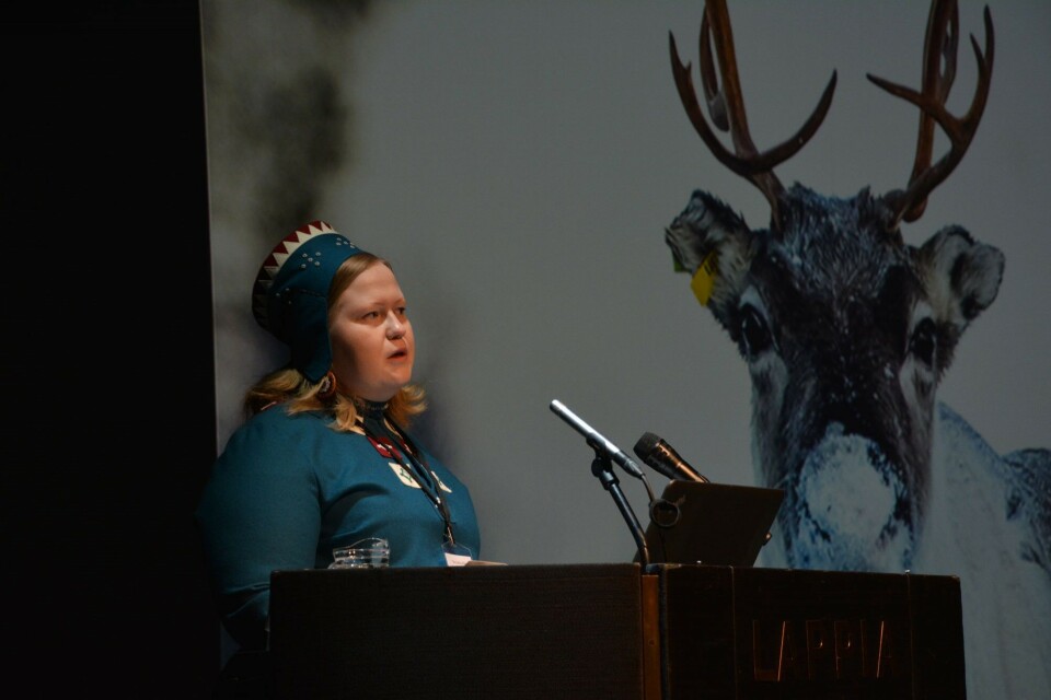 President of the Sámi Parliament in Finland Tiina Sanila-Aikio speaks in a conference, 2017. Photo: Atle Staalesen