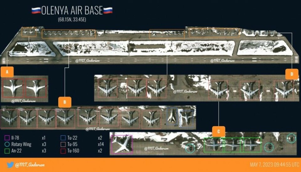 Busy days at Olenya Air Base south of Murmansk. The satellite image from May 7 shows, among others, two Tu-160 and 12 Tu-95 strategic bombers capable of carrying duel-use cruise missiles; conventional- or nuclear-armed. Photo courtesy @MT_Anderson
