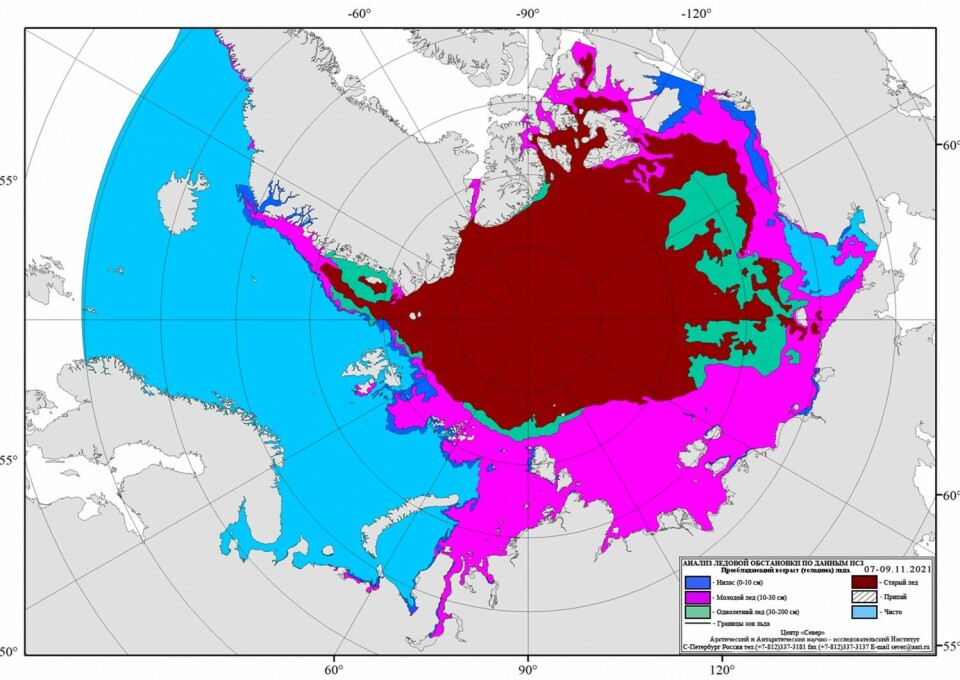 Ice conditions along the Northern Sea Route in the period 7-9th November 2021. Map by aari.ru