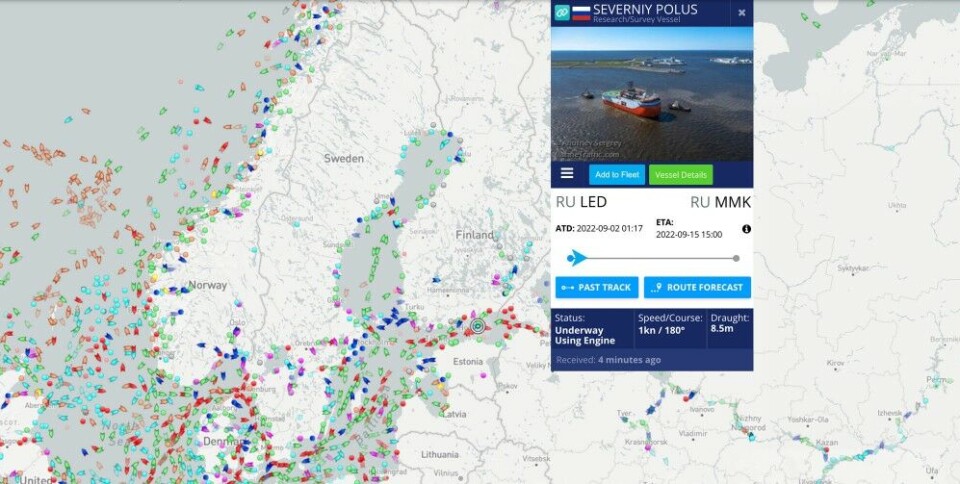 “Severny Polyus” on the 2nd of September 2022 sailed through the Gulf of Finland. Screenshot from Marine Traffic