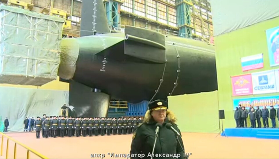 The “Imperator Aleksandr III” was launched from the ship hall at Sevmash. Construction of the submarine, number seven of ten, started back in 2015. Screenshot from televised video by Kremlin.ru