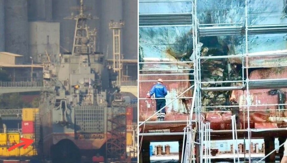 The 'Olenegorsky Gornyak' is placed in dry dock in Novorossiisk after it was damaged by a Ukrainian drone. Photos shared by Censor_NET on Telegram
