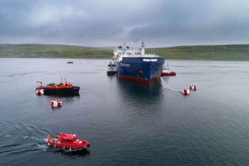 LNG carrier Christophe de Margerie tests transshipment facility by Kildin Island. Photo: Rosmorport