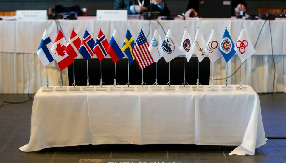 The flags of the eight Arctic states and the six Arctic Indigenous groups that make up the Arctic Council. Photo: Kaisa Siren/Ministry for Foreign Affairs of Finland
