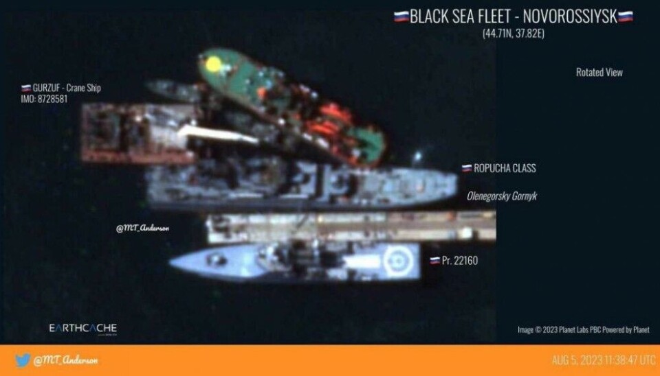 The Olenegorsky Gornyak supported by ships and crane in the port of Novorossiisk following drone attack. Satellite image presented by @MT_Anderson on X