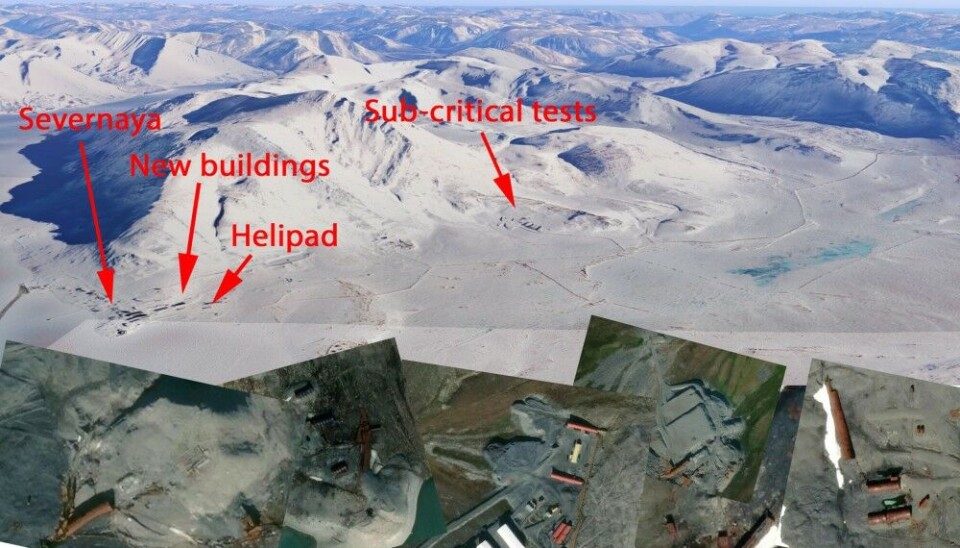 Zone B nuclear test site. The smaller images of the tunnels are all in the valleys south and west of Severnaya near the Matochkin Strait. Image illustration by the Barents Observer based on Google Earth and Earthcache/Skywatch/Bellona