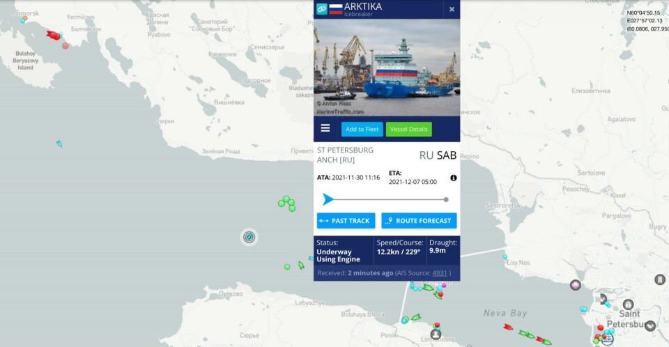 The “Arktika” on its way out of the Gulf of Finland with course for the Arctic. Screenshot from MarineTraffic
