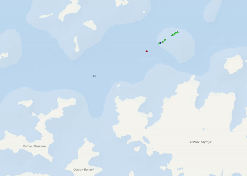 Nuclear powered icebreaker Vaygach escorting eight vessel through the Vilkitsky Strait and across the northern parts of the Kara Sea.
