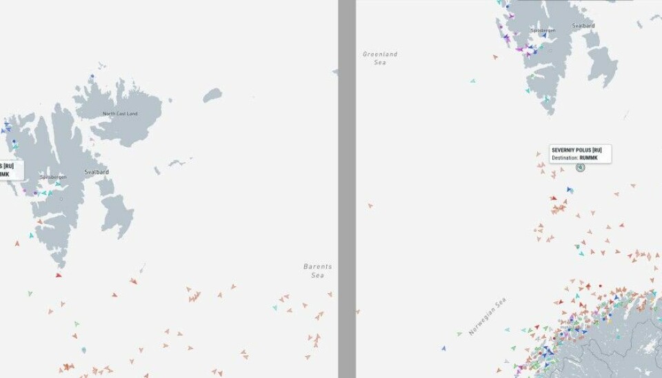 The Severny Polyus west of Svalbard on 10th of May 2024 and north of the Bear Island on 13th of May 2024. Maps by MarineTraffic/Barents Observer