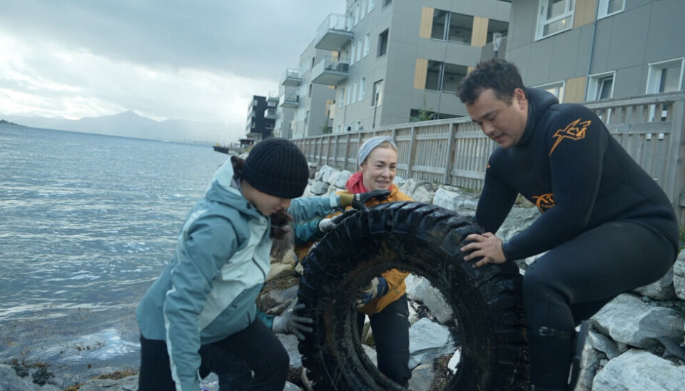 Volunteers in Tromsø, Arctic Norway, remove a giant car tire from the ocean. Photo: Elizaveta Vereykina