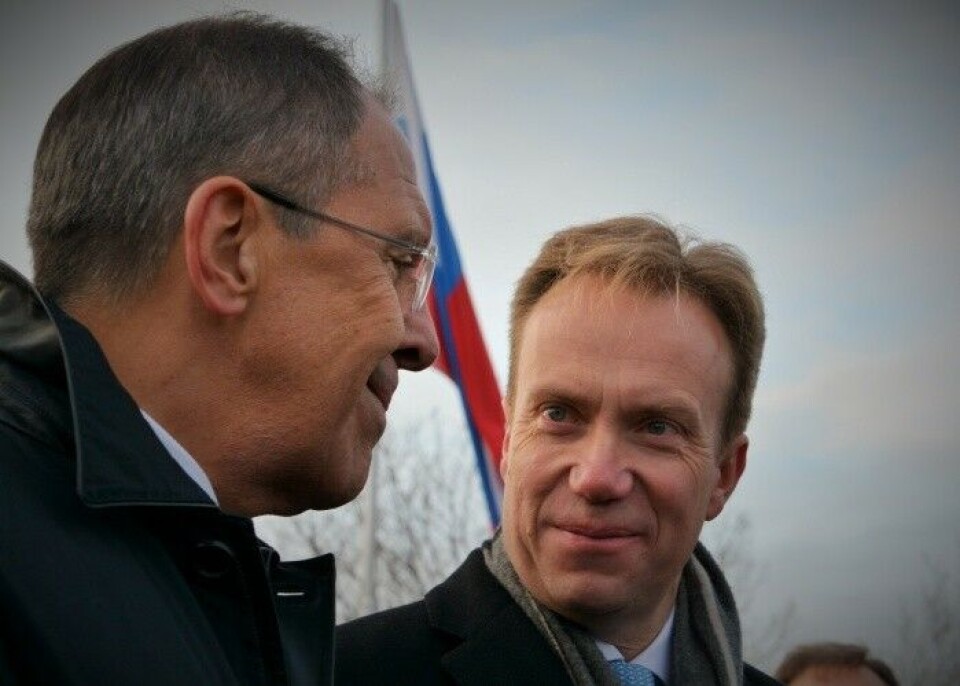 Days of smile in October 2014: Russia's Foreign Minister Sergey Lavrov met with Børge Brende in Kirkenes celebrating the 70 years anniversary of the Red Army's liberation of Finnmark. Photo: Thomas Nilsen