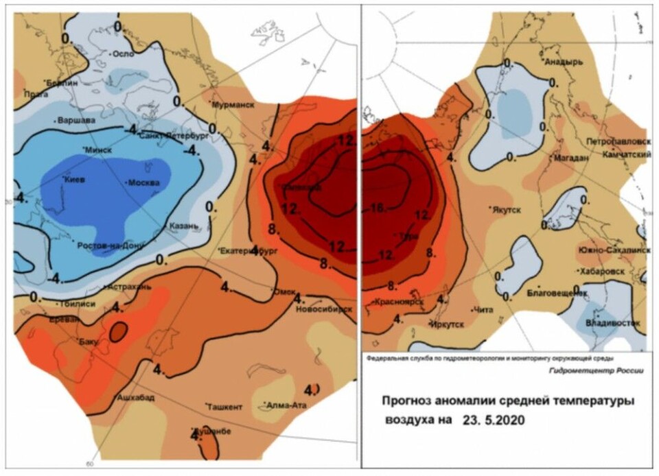 Heat wave runs across northern Siberia in May 2020. Map by Roshydromet