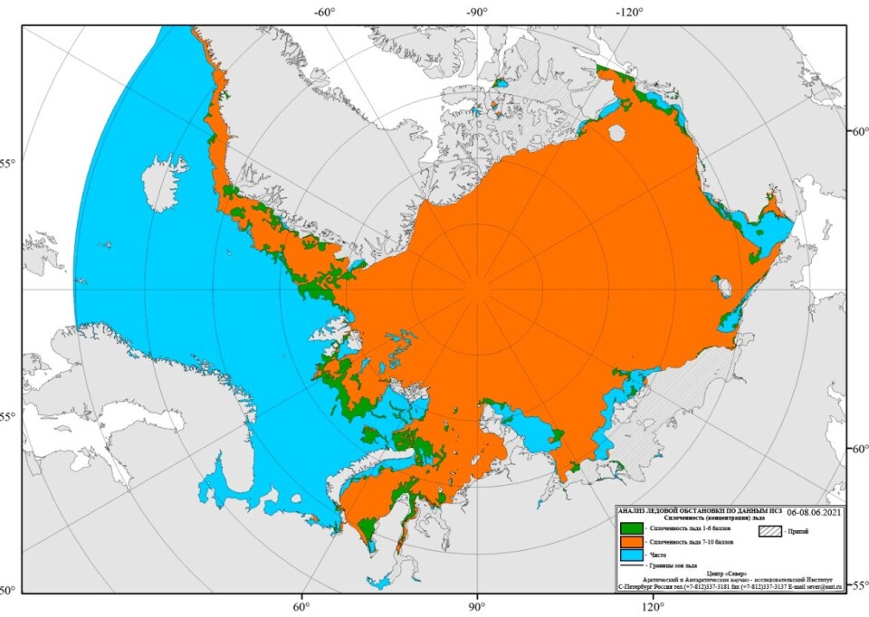 Plenty of fast ice in the Vilkitsky Strait and in the East Siberian Sea in early June 2021. Map by Russian Arctic and Antarctic Research Institute