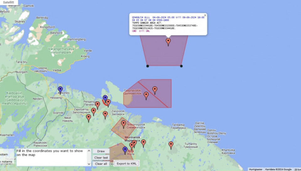 The red areas are locations for the Russian Northern Fleet’s ongoing combat exercise in the Barents Sea. Screenshot from Notammap.net