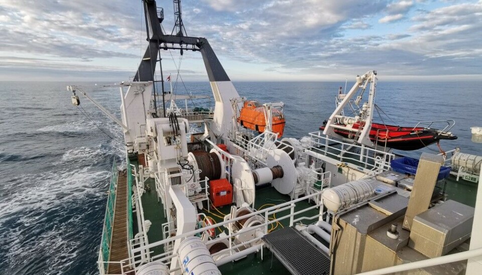 Research ship Helmer Hanssen acquiring data in the Barents Sea in 2020. Photo by Henry Patton.