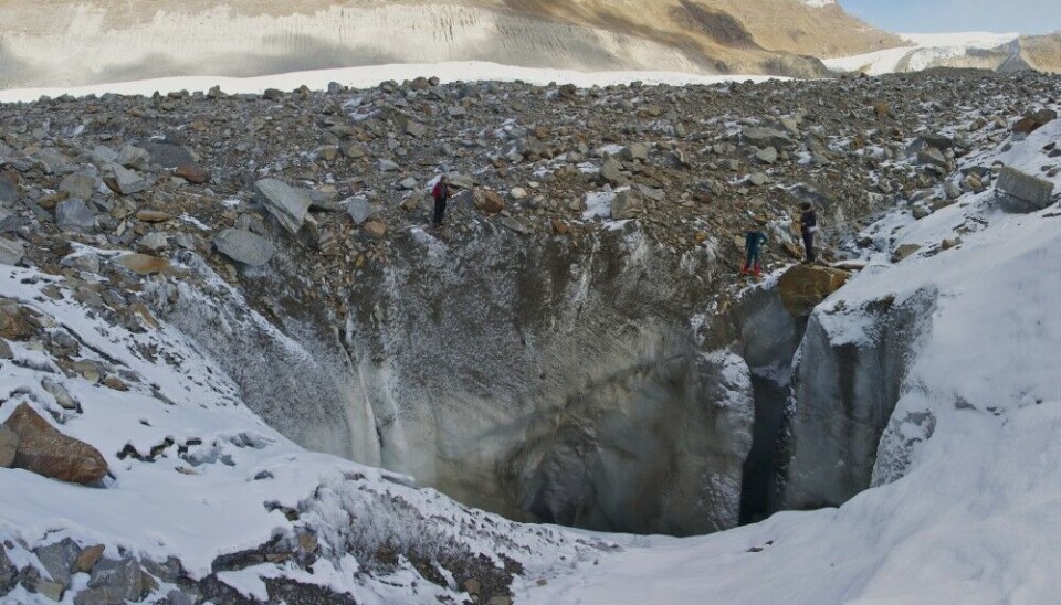 The massive hole in the ice in today’s Switzerland, Gornergletscher in the Alps - that’s the way how water that melts on the surface can be transported underneath the ice to lubricate it, same as it happened in the past. Photo by Henry Patton