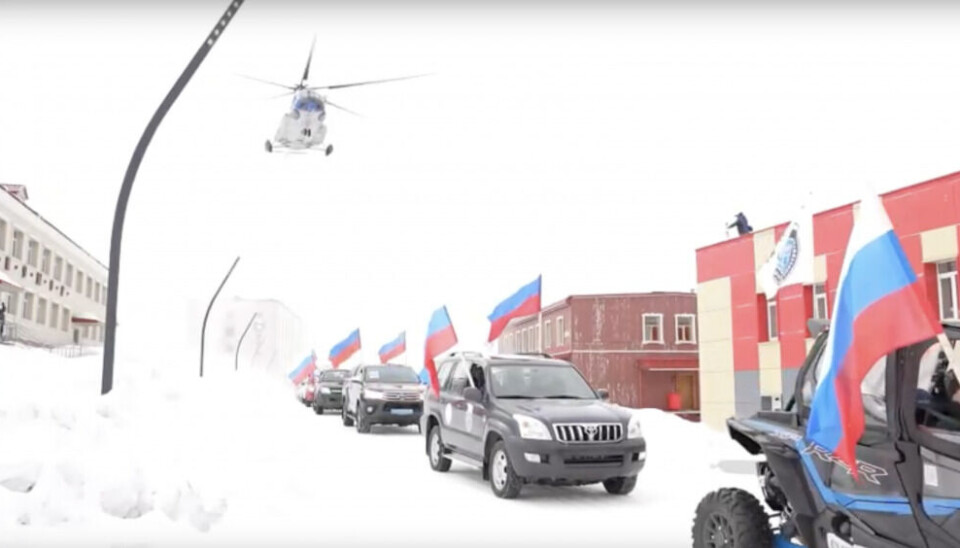 Screenshot from the video posted in Vkontalte showing the military-style Russian parade in Barentsburg, the Norwegian Arctic archipelago, on May 9th, 2023.