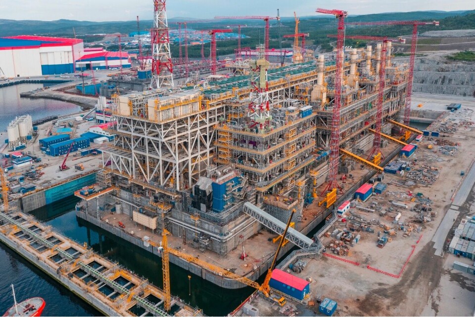 The first of three gravity-based structures are almost completed by the LNG Construction Center in Belokamenka outside Murmansk. Photo: Novatek
