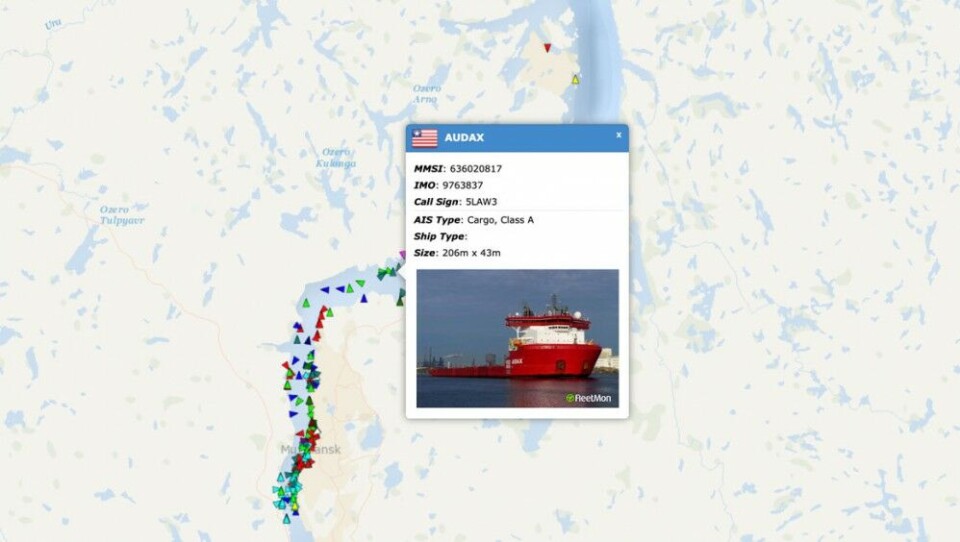 The 'Audax' deliveres cargo at Belokamenka 25th of May 2022. Screenshot from ship traffic data service