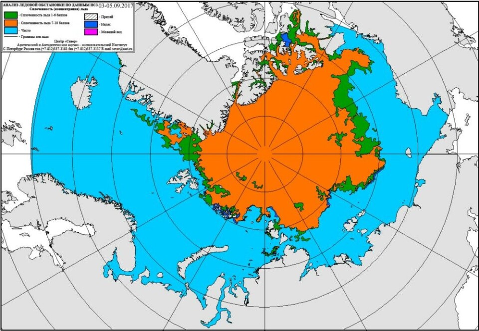 Ice extention first week of September 2017. Map by aari.ru