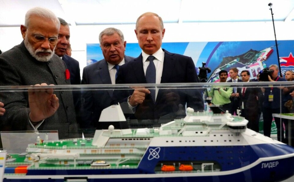 Narenda Modi takes a look at the projected 'Lider' icebreaker during a visit to the Zvezda Yard in Vladivostok along with Vladimir Putin and Igor Sechin. Photo: Kremlin.ru