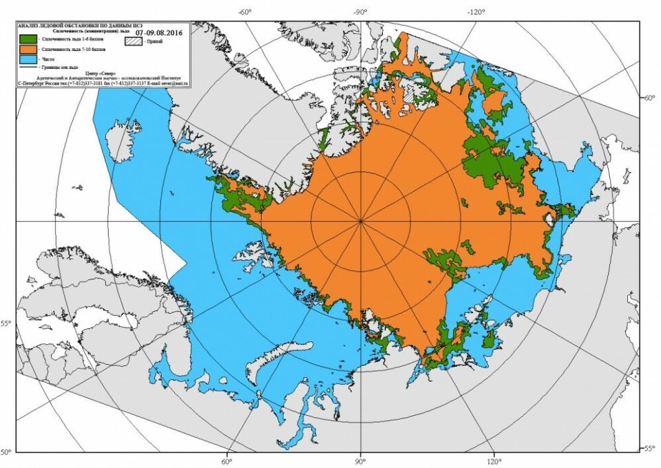 Arctic ice extension 7-9th August 2016. Map by aari.ru