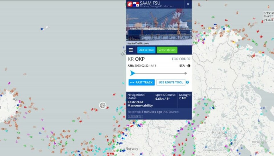 The Saam FSU is towed through the Norwegian Sea towards its home base in Russian Arctic bay Ura Guba. Screenshot from Marine Traffic