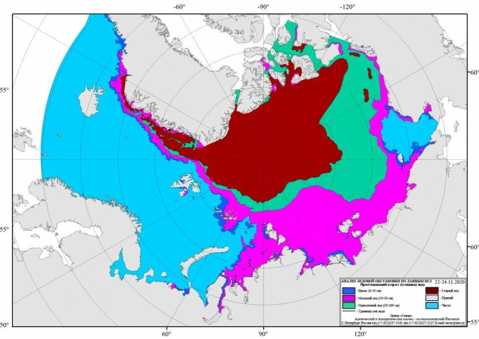 Sea-ice extension in Arctic waters in the period 22-24th November 2020. Map by aari.ru