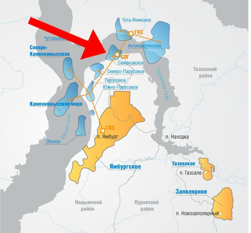 The Semakovskoye field is to come into production in year 2022. Map by Gazprom/Barents Observer