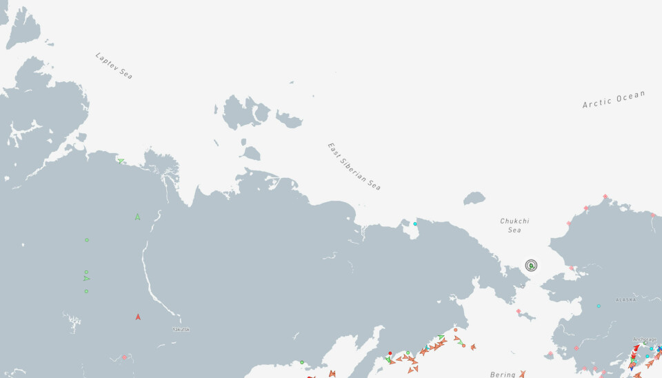 A convoy with icebreaker Arktika and heavy lift carriers Audax and Pugnax were in late January 2024 located in the eastern Chukchi Sea getting ready for about 6,000 km of icy sailing across Northern Sea Route. Map by MarineTraffic/Barents Observer